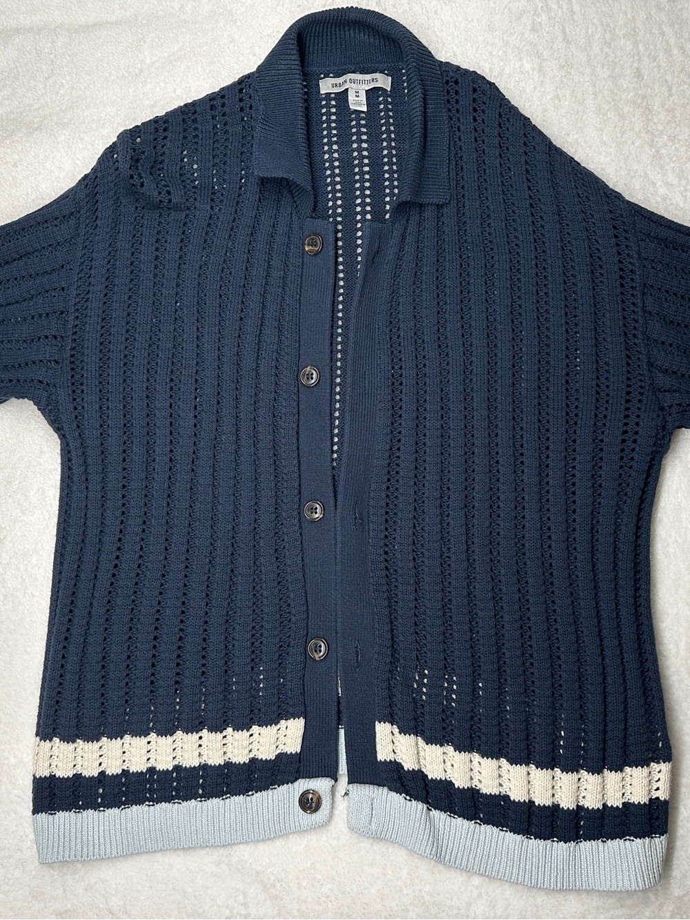 Urban Outfitters Navy Open-Knit Cardigan with Cream and Light Blue Hem